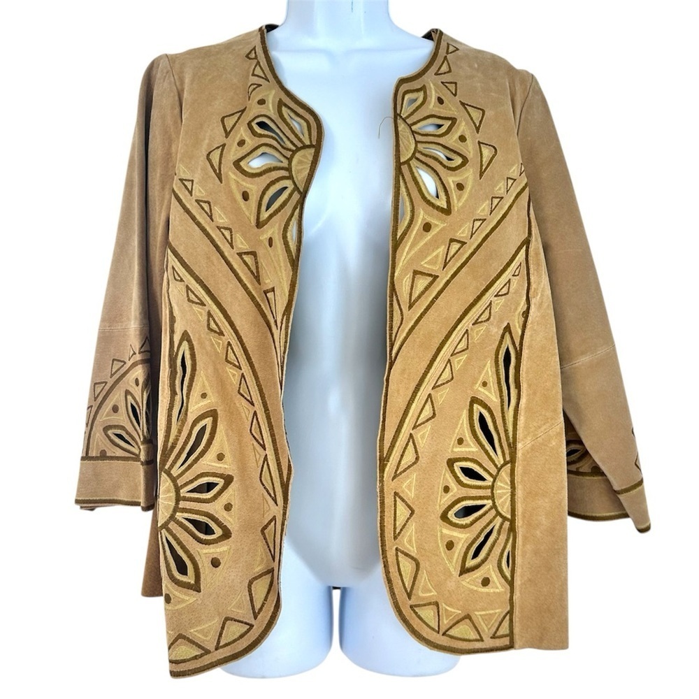 Bob Mackie Tan Suede Leather Jacket Sz M Floral Embroidered
